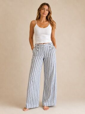 LONDONJEAN - Women's Wide Leg White & Blue Striped Pants - Sz2